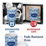 Personalized Custom Name Soft Blue Peony Floral Seamless Botanical Elegant Pattern Custom 11oz Ceramic Coffee Tea Mug White Large Handle