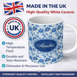 Personalized Custom Name Soft Blue Peony Floral Seamless Botanical Elegant Pattern Custom 11oz Ceramic Coffee Tea Mug White Large Handle