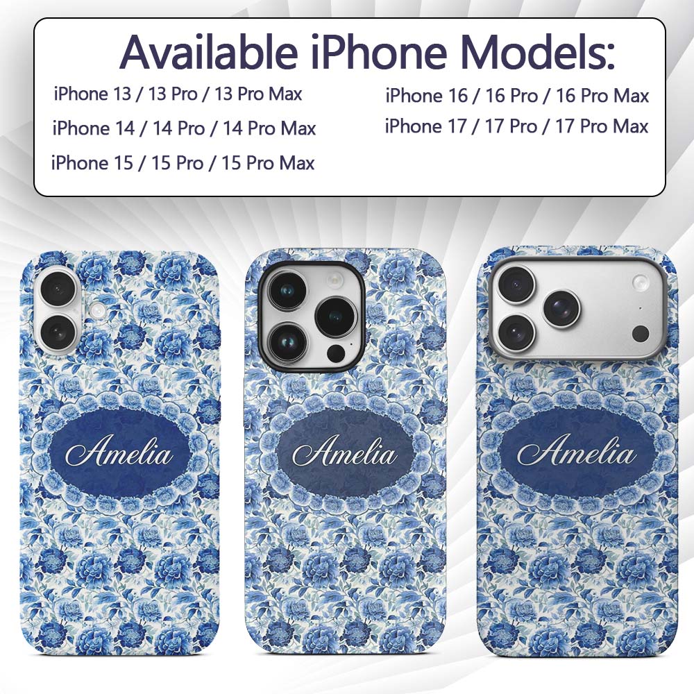 Soft Blue Peony Floral Seamless Botanical Elegant Custom Name Protective Phone Case Mobile Cover Durable Everyday Smartphone Shock Resistant