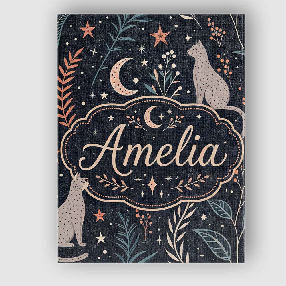 Personalised Name Celestial Cat Moon Stars Botanical Night Seamless Custom Canvas Wall Art Print Decor Picture Ready to Hang
