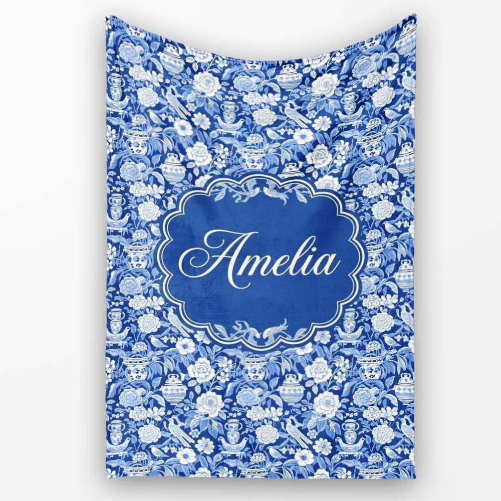 Classic Blue and White Oriental Garden Scenic Seamless Pattern Name  Personalised Custom Name Super Soft Fleece Blanket Bed Sofa Throw