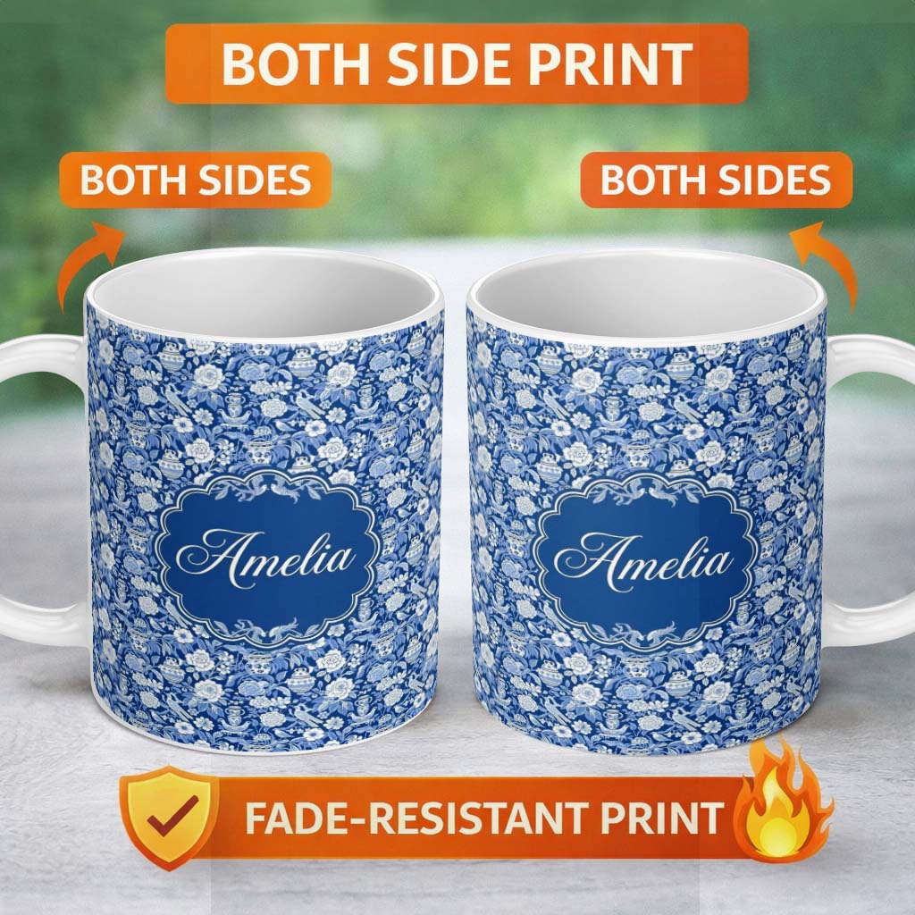 Personalized Custom Name Classic Blue and White Oriental Garden Scenic Seamless Pattern Name 11oz Ceramic Coffee Tea Mug White Large Handle