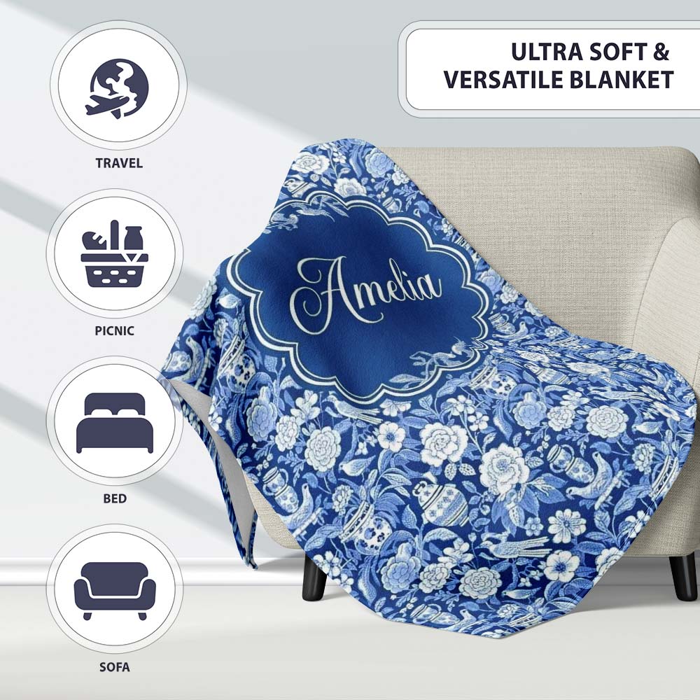 Classic Blue and White Oriental Garden Scenic Seamless Pattern Name  Personalised Custom Name Super Soft Fleece Blanket Bed Sofa Throw