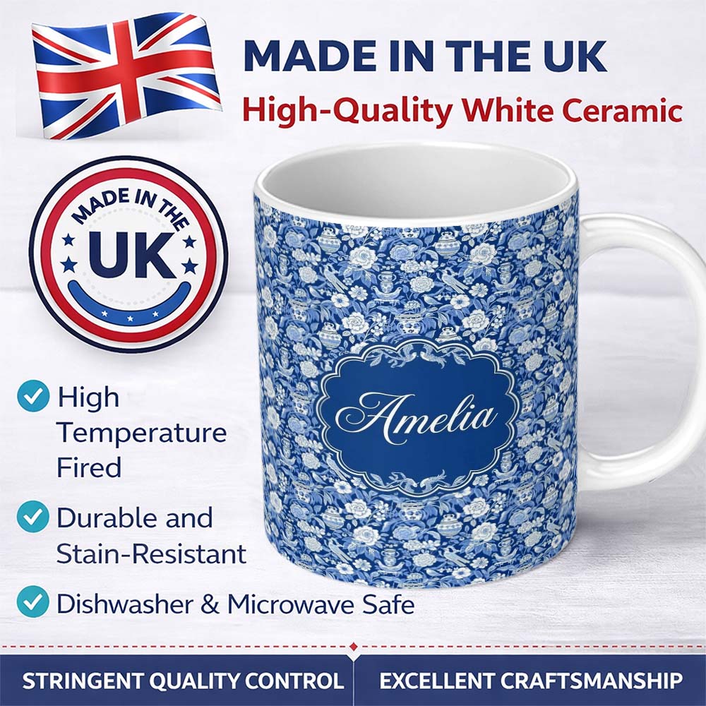 Personalized Custom Name Classic Blue and White Oriental Garden Scenic Seamless Pattern Name 11oz Ceramic Coffee Tea Mug White Large Handle
