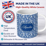 Personalized Custom Name Classic Blue and White Oriental Garden Scenic Seamless Pattern Name 11oz Ceramic Coffee Tea Mug White Large Handle