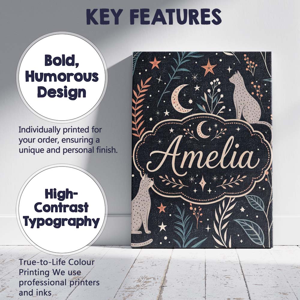Personalised Name Celestial Cat Moon Stars Botanical Night Seamless Custom Canvas Wall Art Print Decor Picture Ready to Hang