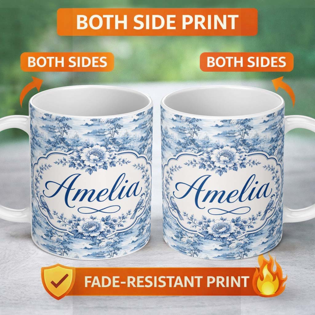 Personalized Custom Name Blue Landscape Pagoda Tree Scenic Oriental Seamless Pattern Name 11oz Ceramic Coffee Tea Mug White Large Handle