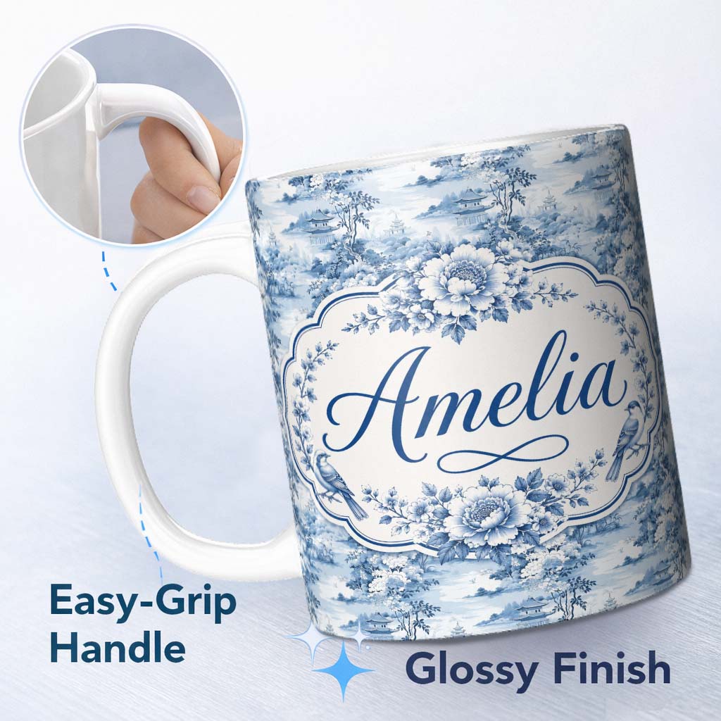 Personalized Custom Name Blue Landscape Pagoda Tree Scenic Oriental Seamless Pattern Name 11oz Ceramic Coffee Tea Mug White Large Handle