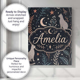 Personalised Name Celestial Cat Moon Stars Botanical Night Seamless Custom Canvas Wall Art Print Decor Picture Ready to Hang