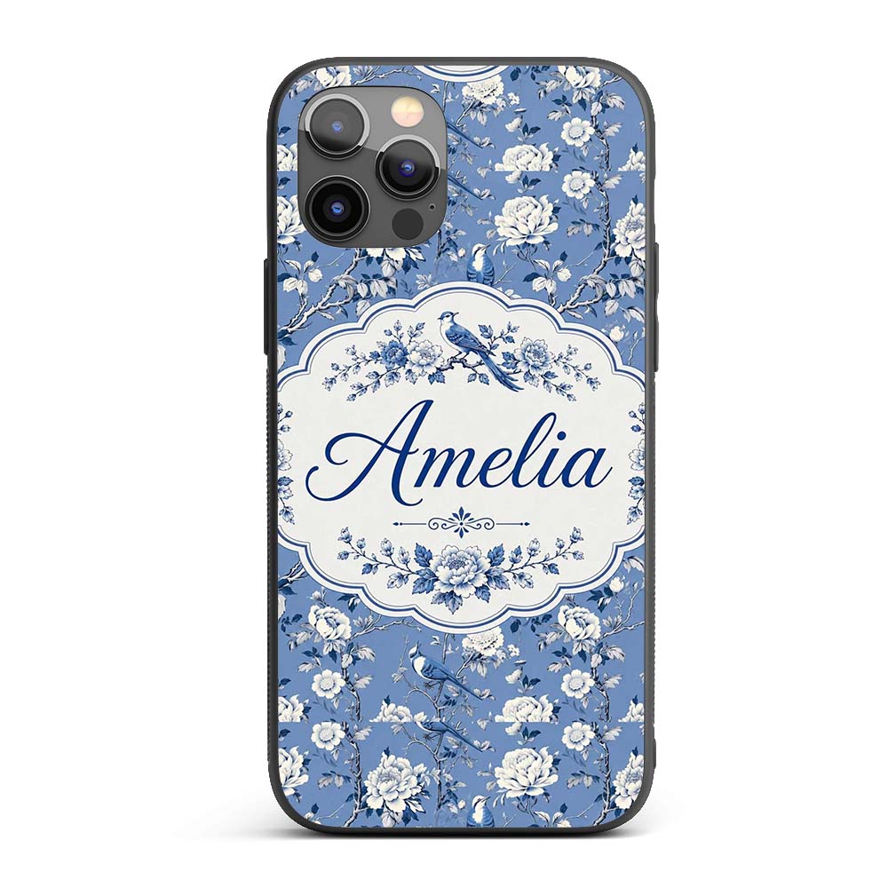 Blue Bird Floral Branch Elegant Seamless Vintage Custom Name Protective Phone Case Mobile Cover Durable Everyday Smartphone Shock Resistant