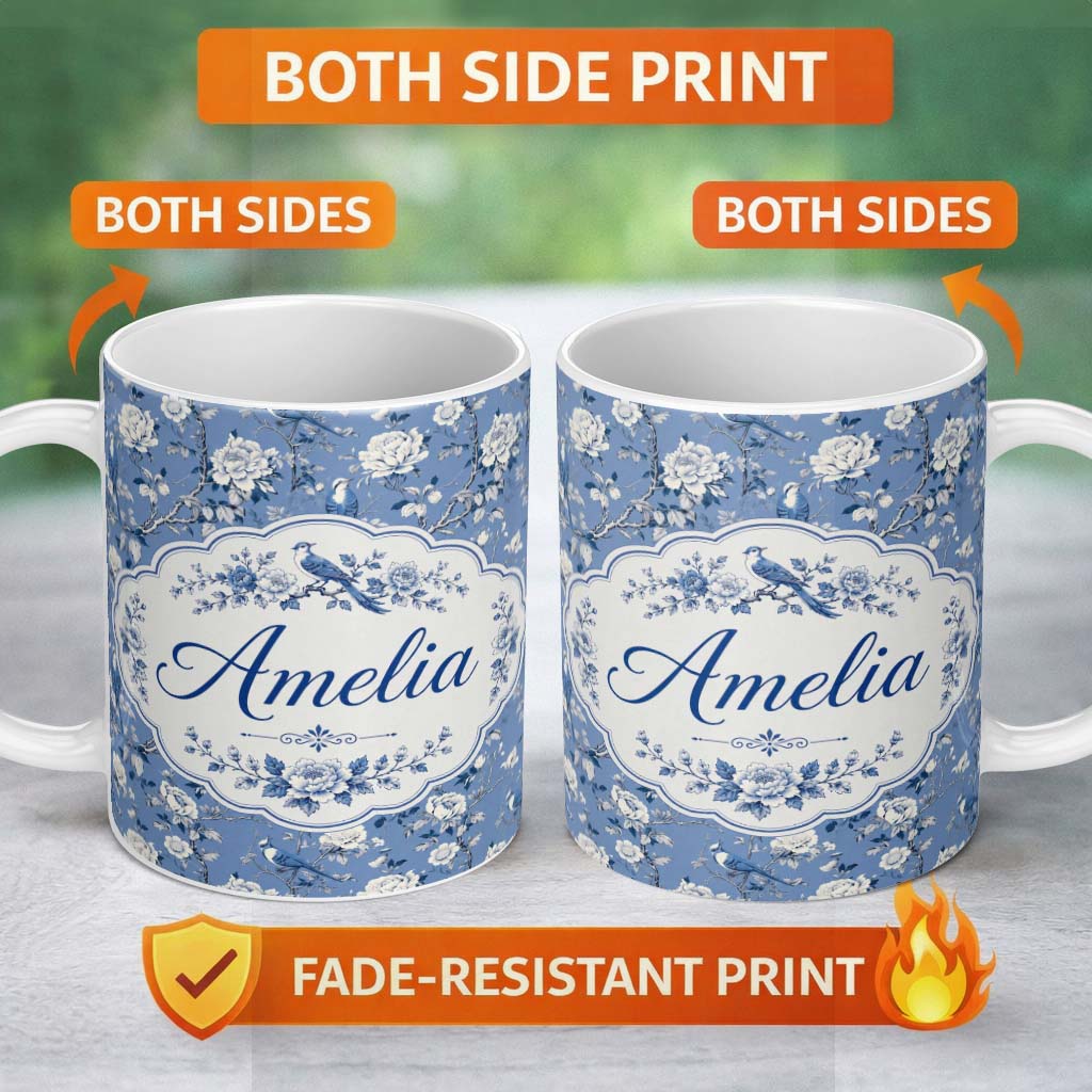 Personalized Custom Name Blue Bird Floral Branch Elegant Seamless Vintage Pattern Name Cute 11oz Ceramic Coffee Tea Mug White Large Handle