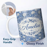 Personalized Custom Name Blue Bird Floral Branch Elegant Seamless Vintage Pattern Name Cute 11oz Ceramic Coffee Tea Mug White Large Handle