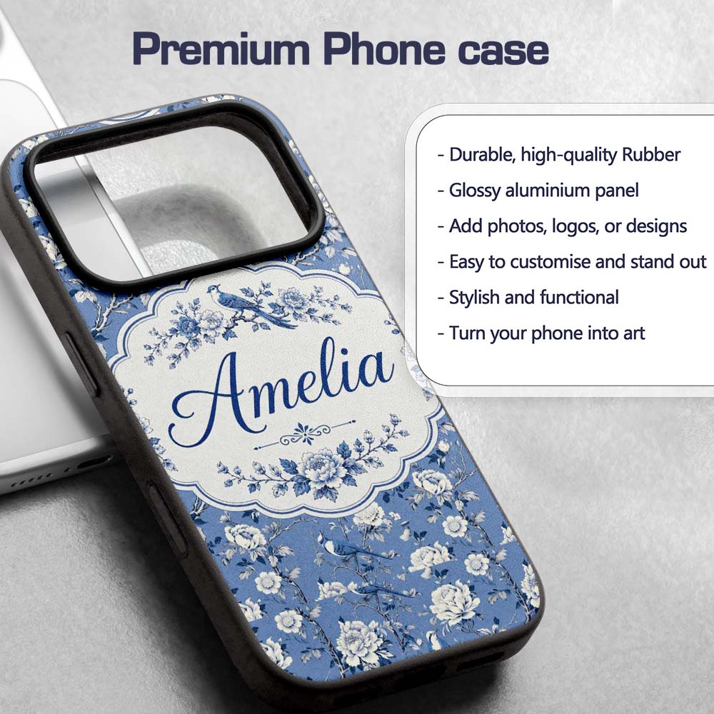 Blue Bird Floral Branch Elegant Seamless Vintage Custom Name Protective Phone Case Mobile Cover Durable Everyday Smartphone Shock Resistant