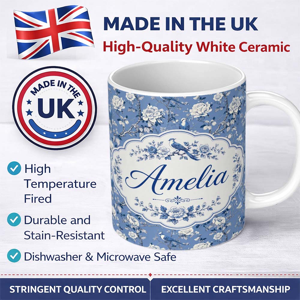 Personalized Custom Name Blue Bird Floral Branch Elegant Seamless Vintage Pattern Name Cute 11oz Ceramic Coffee Tea Mug White Large Handle