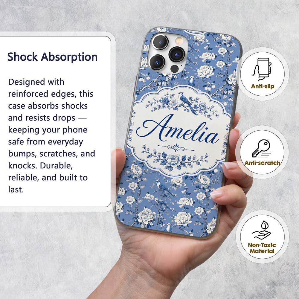 Blue Bird Floral Branch Elegant Seamless Vintage Custom Name Protective Phone Case Mobile Cover Durable Everyday Smartphone Shock Resistant