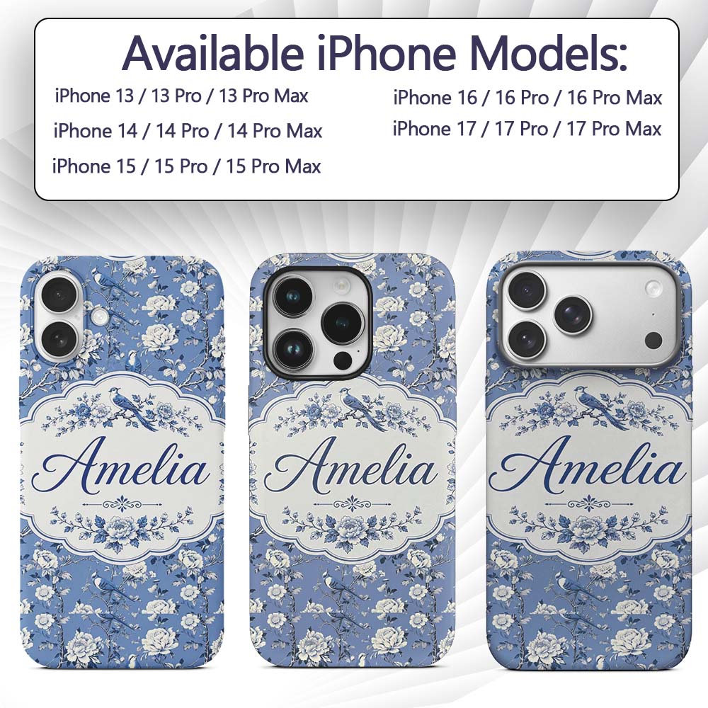 Blue Bird Floral Branch Elegant Seamless Vintage Custom Name Protective Phone Case Mobile Cover Durable Everyday Smartphone Shock Resistant