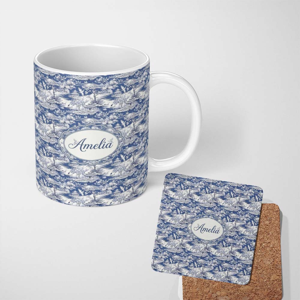 Personalized Custom Name Detailed Blue Crane Garden Pagoda Scenic Seamless Pattern Custom 11oz Ceramic Coffee Tea Mug White Large Handle