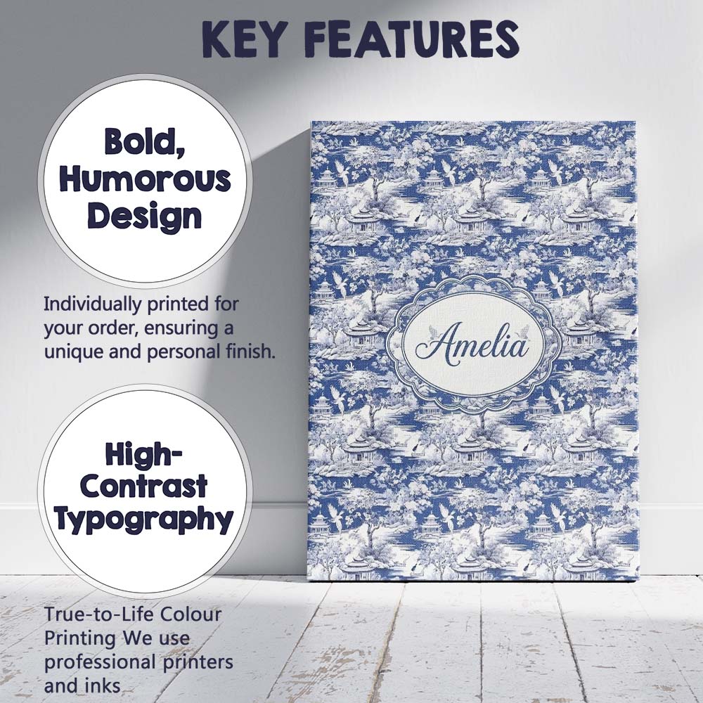 Personalised Name Detailed Blue Crane Custom Modern Room Accent Creative Decorator Style Canvas Wall Art Print Decor Picture Ready to Hang
