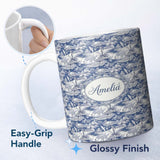 Personalized Custom Name Detailed Blue Crane Garden Pagoda Scenic Seamless Pattern Custom 11oz Ceramic Coffee Tea Mug White Large Handle