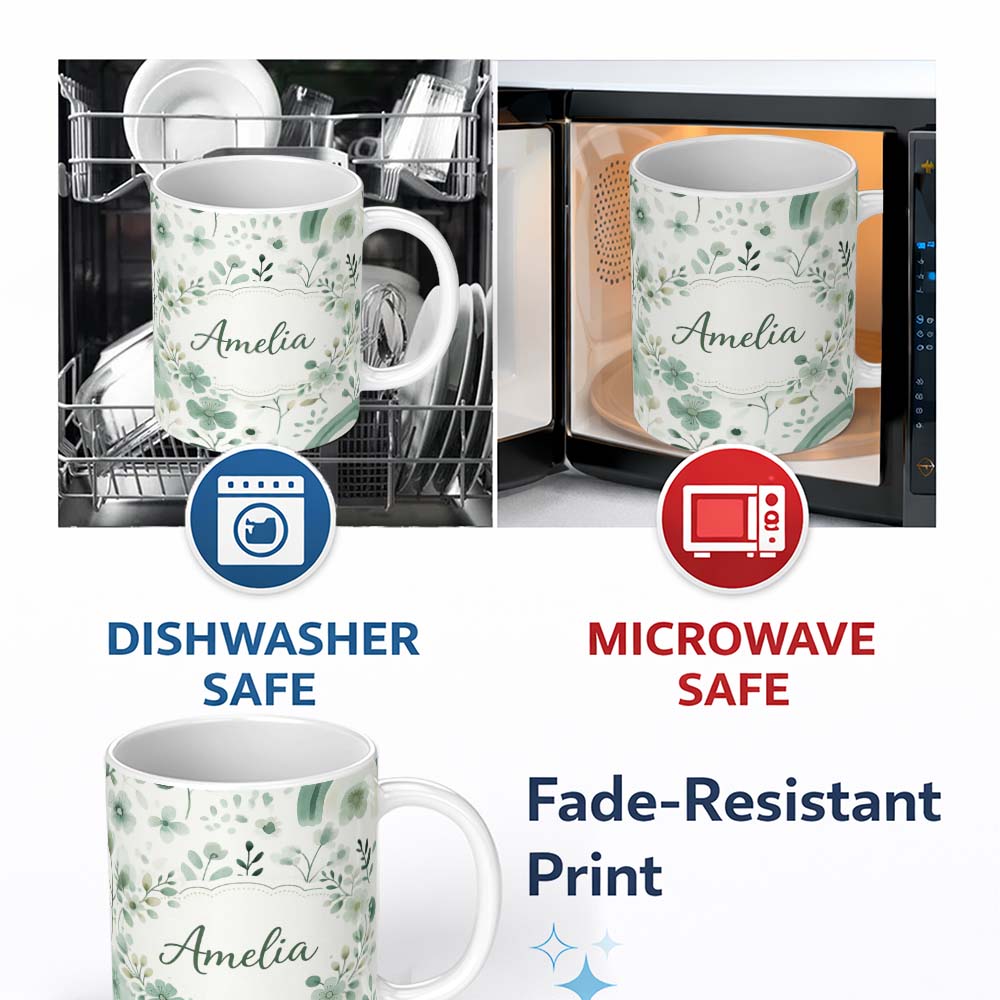 Personalized Custom Name Watercolor Green Floral Rainbow Pattern White Background Seamless 11oz Ceramic Coffee Tea Mug White Large Handle