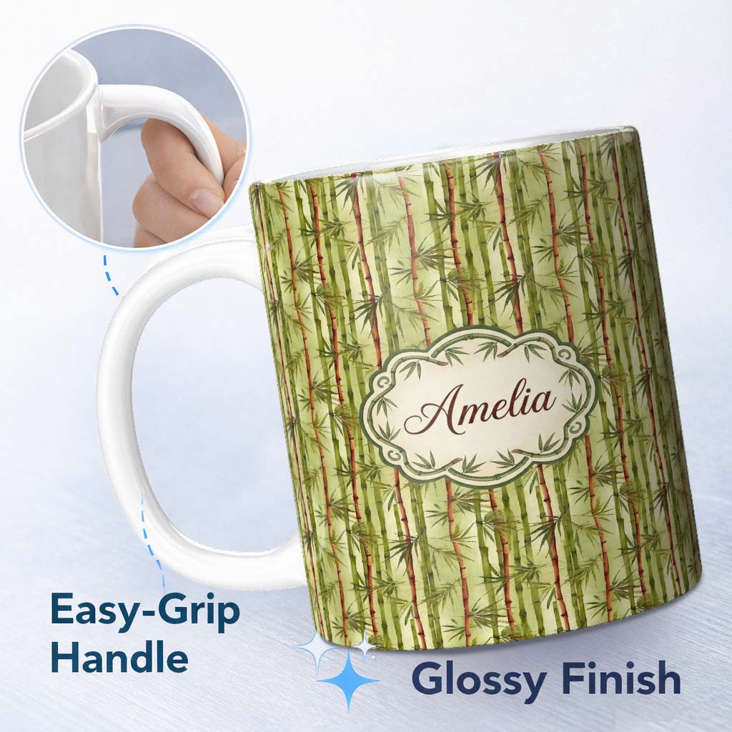 Personalized Custom Name Watercolor Bamboo Forest with Red and Green Stems Natural Seamless 11oz Ceramic Coffee Tea Mug White Large Handle