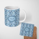 Personalized Custom Name Blue Floral Bird Botanical Vintage Seamless Pattern Name Cute 11oz Ceramic Coffee Tea Mug White Large Handle
