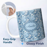Personalized Custom Name Blue Floral Bird Botanical Vintage Seamless Pattern Name Cute 11oz Ceramic Coffee Tea Mug White Large Handle