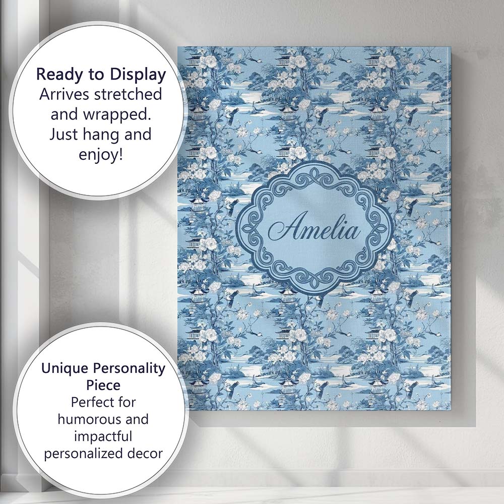 Personalised Name Blue Floral Bird Botanical Custom Bespoke  Contemporary Display Canvas Wall Art Print Decor Picture Ready to Hang