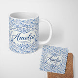 Personalized Custom Name Light Blue Bird Blossom Branch Seamless Elegant Pattern Name Cute 11oz Ceramic Coffee Tea Mug White Large Handle