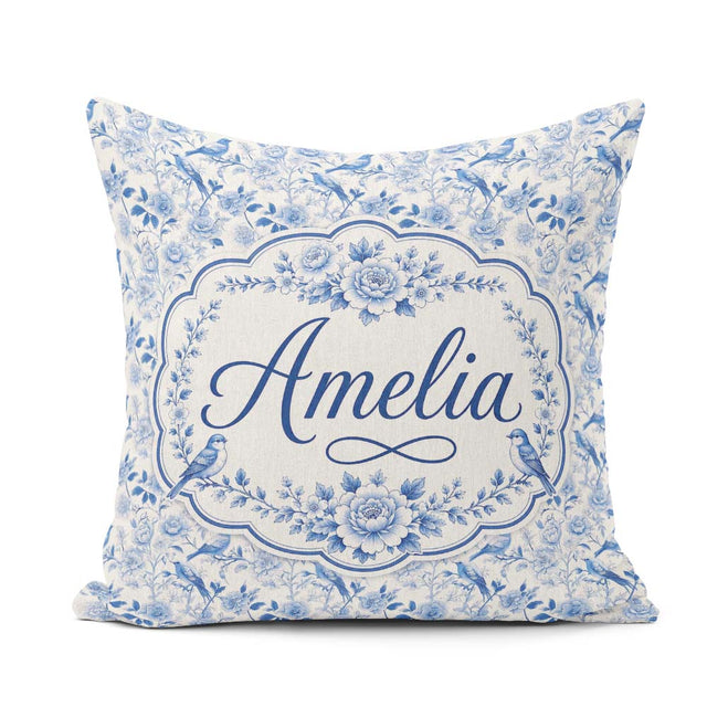 Custom Name Light Blue Bird Blossom Branch Seamless Elegant Name Square Filled Cushion Throw Pillow Sofa Bed Home Decor Zip Washable UK Made