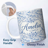 Personalized Custom Name Light Blue Bird Blossom Branch Seamless Elegant Pattern Name Cute 11oz Ceramic Coffee Tea Mug White Large Handle