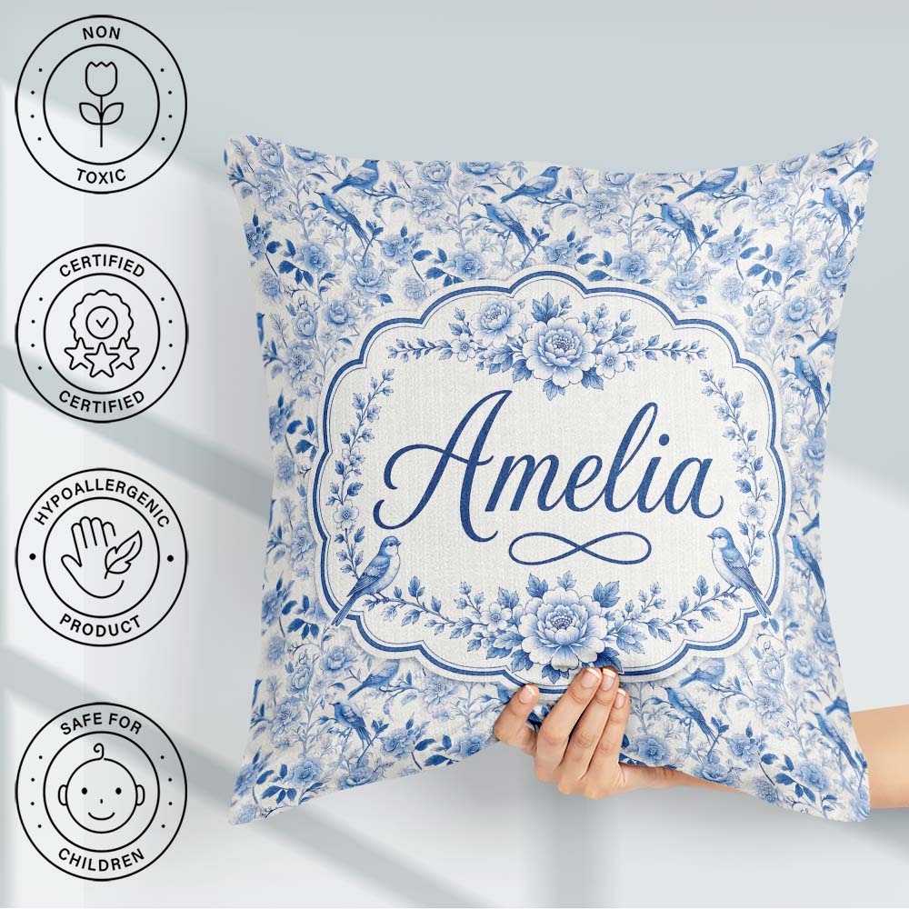 Custom Name Light Blue Bird Blossom Branch Seamless Elegant Name Square Filled Cushion Throw Pillow Sofa Bed Home Decor Zip Washable UK Made