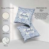 Custom Name Light Blue Bird Blossom Branch Seamless Elegant Name Square Filled Cushion Throw Pillow Sofa Bed Home Decor Zip Washable UK Made