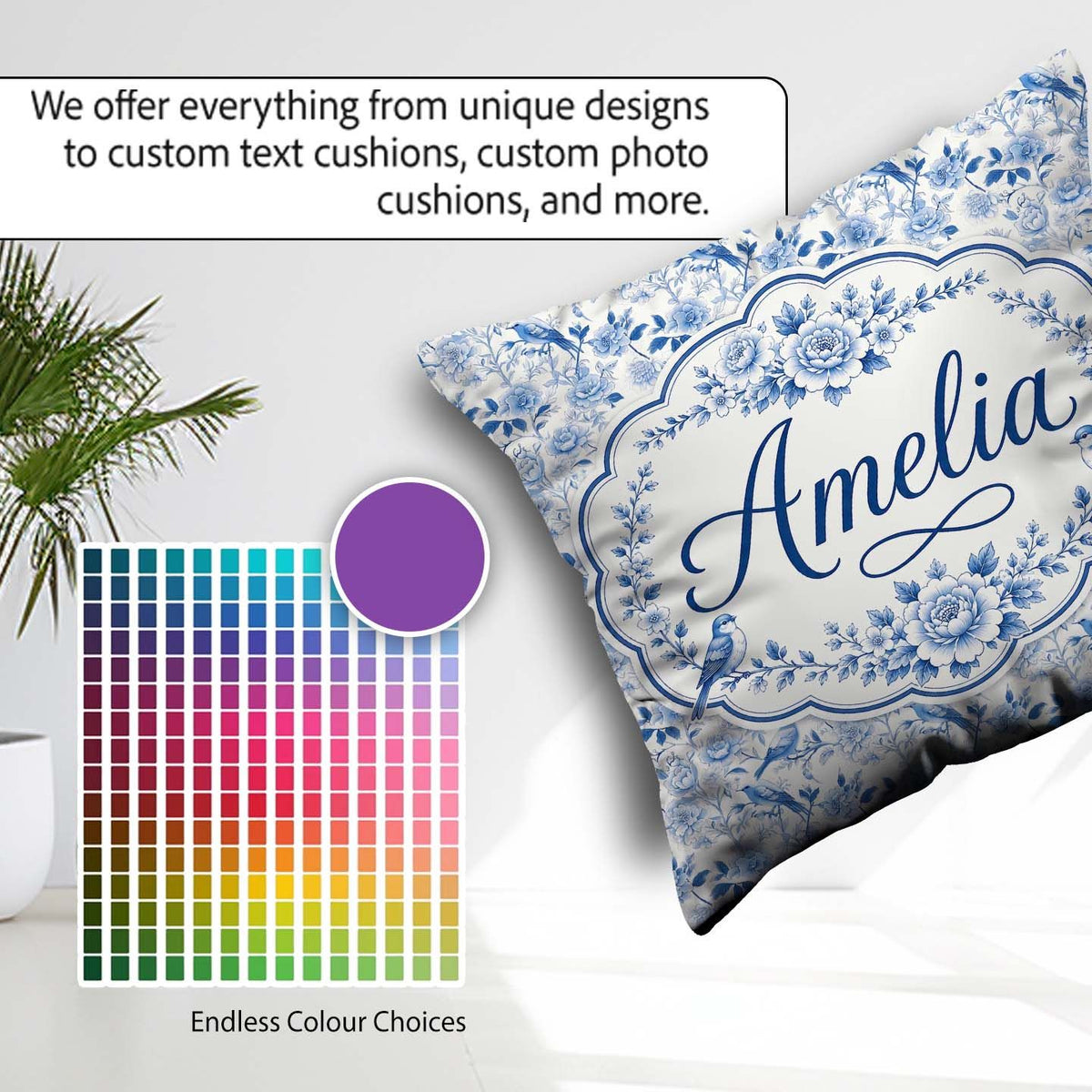 Custom Name Light Blue Bird Blossom Branch Seamless Elegant Name Square Filled Cushion Throw Pillow Sofa Bed Home Decor Zip Washable UK Made