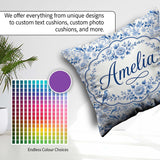 Custom Name Light Blue Bird Blossom Branch Seamless Elegant Name Square Filled Cushion Throw Pillow Sofa Bed Home Decor Zip Washable UK Made