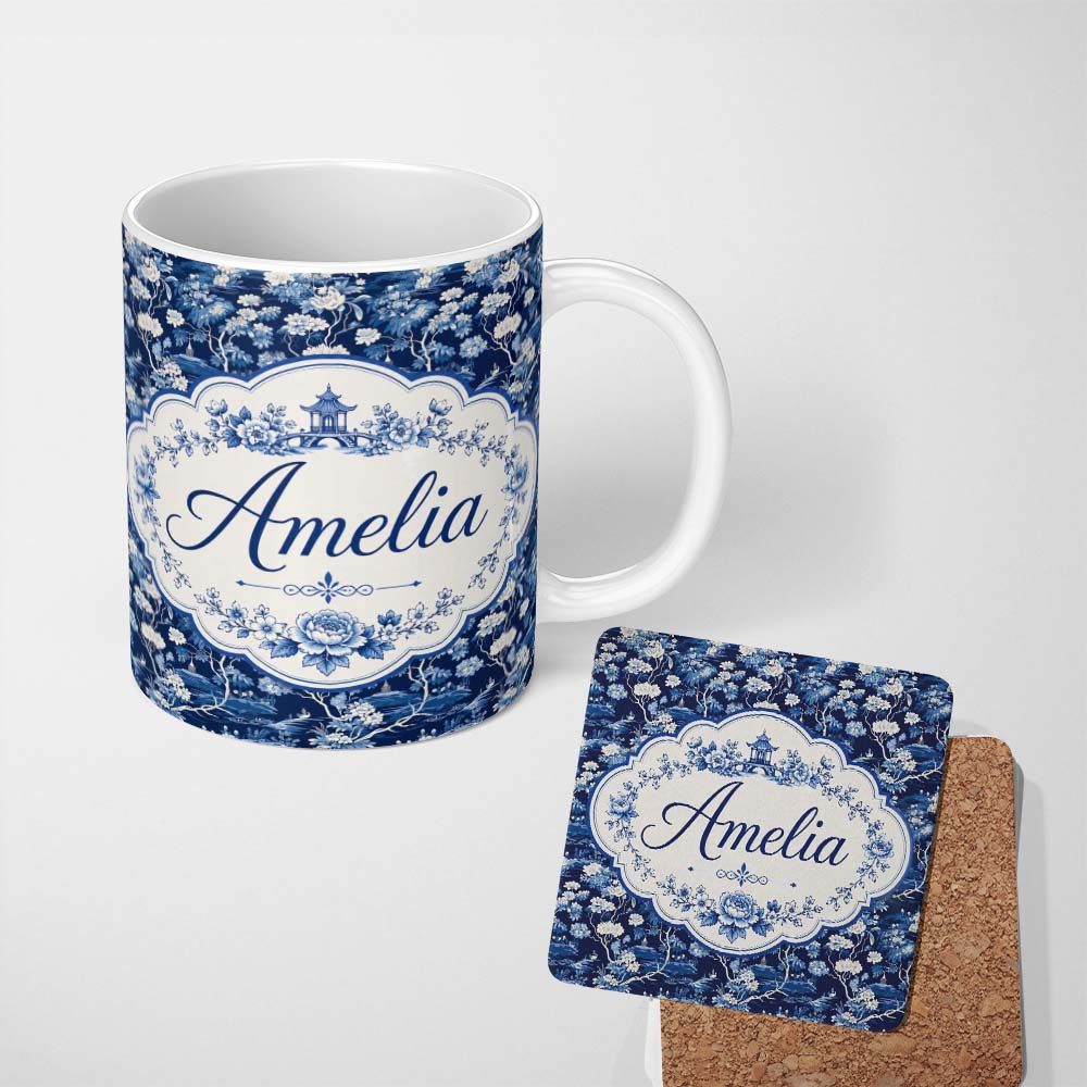 Personalized Custom Name Elegant Blue Toile Garden Landscape Floral Seamless Pattern Name 11oz Ceramic Coffee Tea Mug White Large Handle