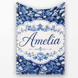 Elegant Blue Toile Garden Landscape Floral Seamless Pattern Name  Personalised Custom Name Super Soft Fleece Blanket Bed Sofa Throw