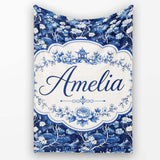 Elegant Blue Toile Garden Landscape Floral Seamless Pattern Name  Personalised Custom Name Super Soft Fleece Blanket Bed Sofa Throw