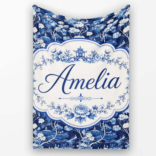 Elegant Blue Toile Garden Landscape Floral Seamless Pattern Name  Personalised Custom Name Super Soft Fleece Blanket Bed Sofa Throw
