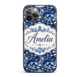 Elegant Blue Toile Garden Landscape Floral Printed Design Custom Name Protective Phone Case Mobile Cover Durable Smartphone Shock Resistant