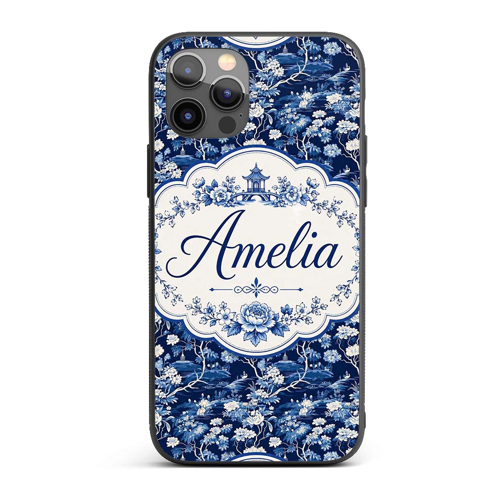 Elegant Blue Toile Garden Landscape Floral Printed Design Custom Name Protective Phone Case Mobile Cover Durable Smartphone Shock Resistant