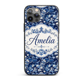 Elegant Blue Toile Garden Landscape Floral Printed Design Custom Name Protective Phone Case Mobile Cover Durable Smartphone Shock Resistant