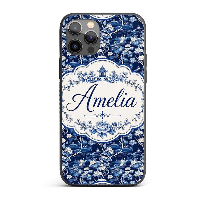 Elegant Blue Toile Garden Landscape Floral Printed Design Custom Name Protective Phone Case Mobile Cover Durable Smartphone Shock Resistant
