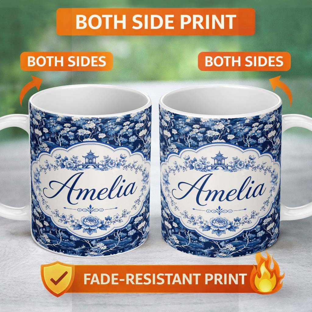 Personalized Custom Name Elegant Blue Toile Garden Landscape Floral Seamless Pattern Name 11oz Ceramic Coffee Tea Mug White Large Handle