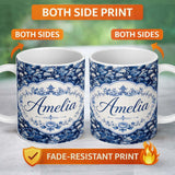 Personalized Custom Name Elegant Blue Toile Garden Landscape Floral Seamless Pattern Name 11oz Ceramic Coffee Tea Mug White Large Handle