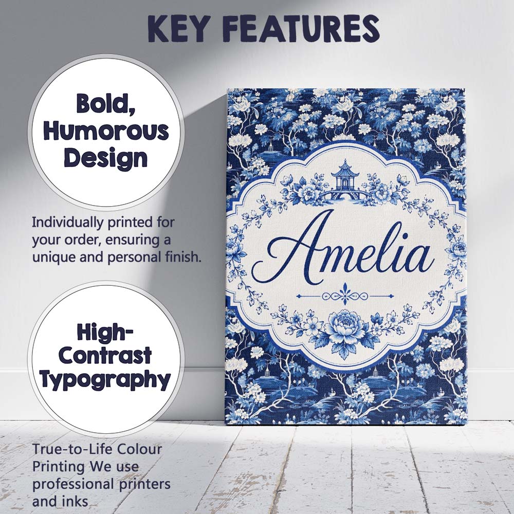 Personalised Name Elegant Blue Toile Garden Custom  Bespoke Interior Contemporary Canvas Wall Art Print Decor Picture Ready to Hang