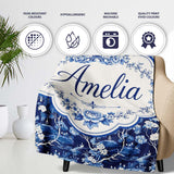 Elegant Blue Toile Garden Landscape Floral Seamless Pattern Name  Personalised Custom Name Super Soft Fleece Blanket Bed Sofa Throw