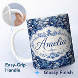 Personalized Custom Name Elegant Blue Toile Garden Landscape Floral Seamless Pattern Name 11oz Ceramic Coffee Tea Mug White Large Handle