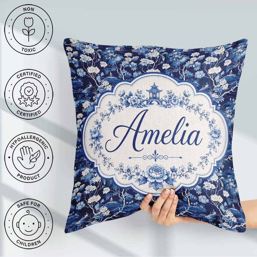 Custom Name Elegant Blue Toile Garden Landscape Seamless Pattern Square Filled Cushion Throw Pillow Sofa Bed Home Decor Zip Washable UK Made