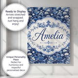 Personalised Name Elegant Blue Toile Garden Custom  Bespoke Interior Contemporary Canvas Wall Art Print Decor Picture Ready to Hang